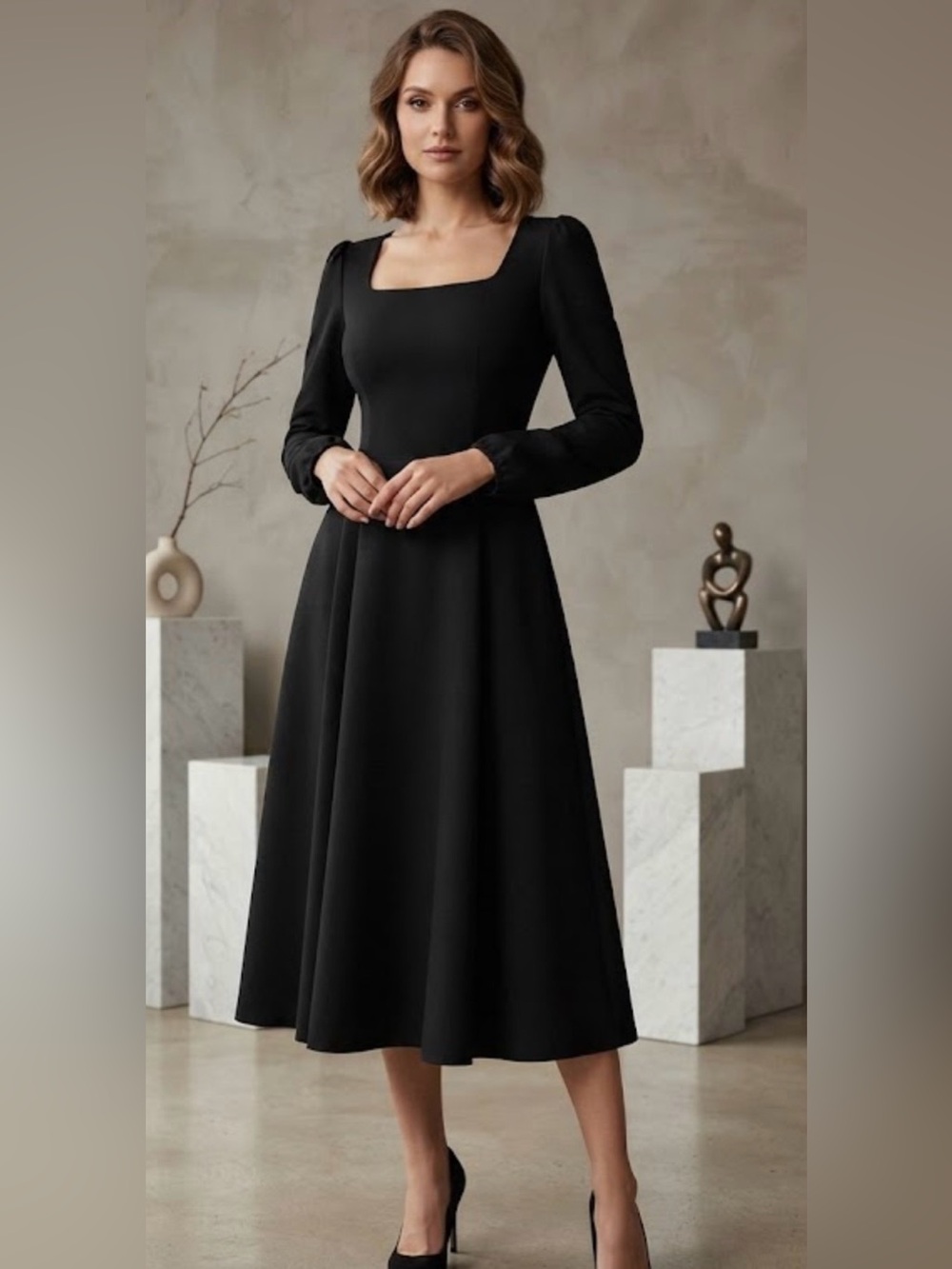 Zesica Women's Black Square-Neck Midi Dress with Long Puff Sleeves